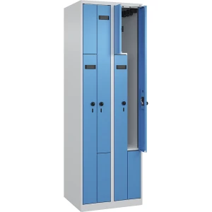 Z-Spind Evolo PLUS, 2 Abteile, lichtgrau / lichtblau, B 600 mm, 4 Fächer, mit Bodengleitern, Sicherheits-Drehriegel kaiserkraft