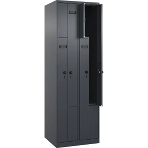 Z-Spind Evolo PLUS, 2 Abteile, grau, B 600 mm, 4 Fächer, mit Bodengleitern, Sicherheits-Drehriegel kaiserkraft