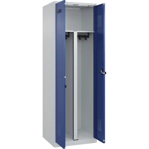 kaiserkraft Schwarz-Weiß-Spind Evolo PLUS, 1 Abteil, verkürzte Trennwand mittig, lichtgrau / enzianblau, B 600 mm, mit Bodengleitern,