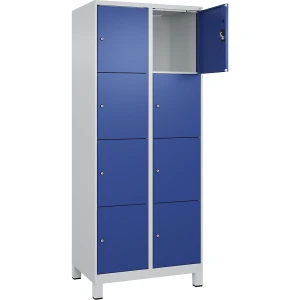 4er-Schließfachschrank Evolo PLUS, 2 Abteile, lichtgrau / enzianblau, B 800 mm, 8 Fächer, mit breiten Füßen, Zylinderschloss kaiserkraft