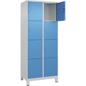 4er-Schließfachschrank Evolo PLUS, 2 Abteile, lichtgrau / lichtblau, B 800 mm, 8 Fächer, mit breiten Füßen, Zylinderschloss kaiserkraft