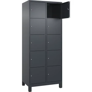 5er-Schließfachschrank Evolo PLUS, 2 Abteile, grau, B 800 mm, 10 Fächer, mit breiten Füßen, Zylinderschloss kaiserkraft