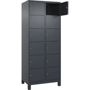 6er-Schließfachschrank Evolo PLUS, 2 Abteile, grau, B 800 mm, 12 Fächer, mit breiten Füßen, Zylinderschloss kaiserkraft
