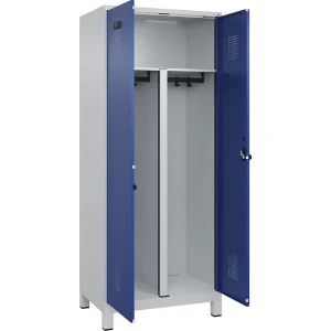 kaiserkraft Schwarz-Weiß-Spind Evolo PLUS, 1 Abteil, verkürzte Trennwand mittig, lichtgrau / enzianblau, B 800 mm, mit breiten Füßen,