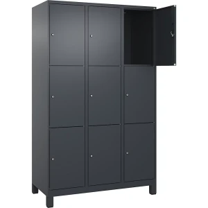 3er-Schließfachschrank Evolo PLUS, 3 Abteile, grau, B 1200 mm, 9 Fächer, mit breiten Füßen, Zylinderschloss kaiserkraft