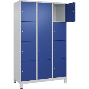 4er-Schließfachschrank Evolo PLUS, 3 Abteile, lichtgrau / enzianblau, B 1200 mm, 12 Fächer, mit breiten Füßen, Zylinderschloss kaiserkraft