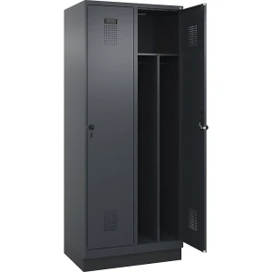 Schwarz-Weiß-Spind Evolo PLUS, schmal, 2 Abteile, verkürzte Trennwand mittig, grau, B 800 mm, mit Bodensockel, Sicherheits-Drehriegel kaiserkraft