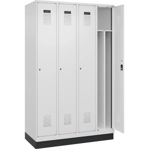 Schwarz-Weiß-Spind Evolo PLUS, schmal, 4 Abteile, verkürzte Trennwand mittig, weiß, B 1200 mm, mit Bodensockel, Zylinderschloss kaiserkraft