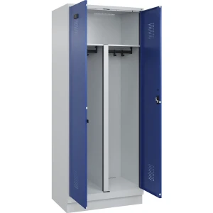Schwarz-Weiß-Spind Evolo PLUS, 1 Abteil, verkürzte Trennwand mittig, lichtgrau / enzianblau, B 800 mm, mit Bodensockel, Zylinderschloss kaiserkraft