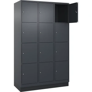 4er-Schließfachschrank Evolo PLUS, 3 Abteile, grau, B 1200 mm, 12 Fächer, mit Bodensockel, Zylinderschloss kaiserkraft