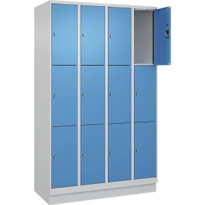 3er-Schließfachschrank Evolo PLUS, 4 Abteile, lichtgrau / lichtblau, B 1200 mm, 12 Fächer, mit Bodensockel, Zylinderschloss kaiserkraft
