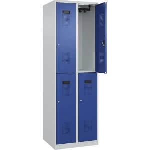 C+P Doppelstock-Spind Evolo PLUS, 2 Abteile, lichtgrau / enzianblau, B 600 mm, mit Bodengleitern, Zylinderschloss