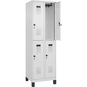 C+P Doppelstock-Spind Evolo PLUS, 2 Abteile, verkehrsweiß, B 600 mm, mit breiten Füßen, Drehriegel
