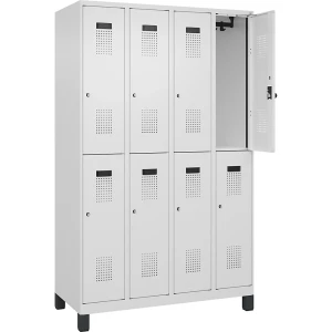 C+P Doppelstock-Spind Evolo PLUS, 4 Abteile, verkehrsweiß, B 1200 mm, mit breiten Füßen, Zylinderschloss