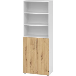 eurokraft pro RENATUS - Büroregalschrank, 5 Fachböden, 6 Ordnerhöhen, davon 3 offen, weiß / Asteiche