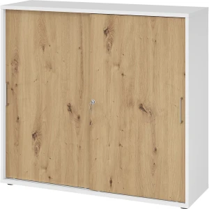 eurokraft pro Schiebetürenschrank, Höhe 1100 mm, 2 Fachböden, weiß / Asteiche
