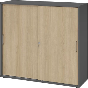 eurokraft pro Schiebetürenschrank, Höhe 1100 mm, 2 Fachböden, graphit / Eiche