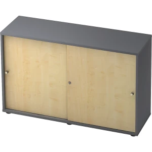 eurokraft pro Schiebetürenschrank, 1 Fachboden, Mitteltrennwand, graphit / Ahorn-Dekor
