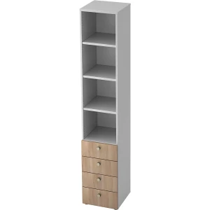 eurokraft pro Kombi-Schrank, 3 Fachböden, 4 Schubladen, weiß / Nussbaum-Dekor