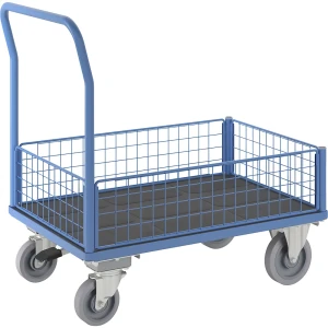 eurokraft pro Plattformwagen, 4 halbhohe Gitterwände, mit Zentralstopp, LxB 1100 x 700 mm
