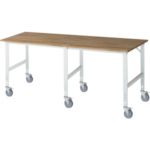 Arbeitstisch, fahrbar, Buche-Massivholzplatte, Stärke 25 mm, 60 x 30 mm, BxTxH 2500 x 1000 x 910 - 1230 mm kaiserkraft