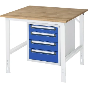 kaiserkraft Arbeitstisch mit Schubladenschrank, Unterbau-Container mit 4 Schubladen 1 x 90, 2 x 120, 1 x 140 mm, BxT 1000 x 1000 mm, B-Platte, Stärke
