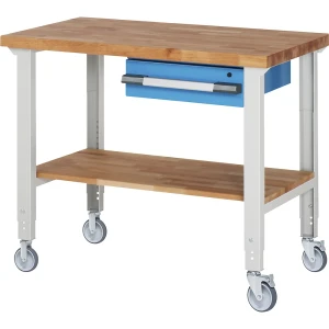 eurokraft pro Bancada de trabalho móvel série 7000 , 2 rodas fixas/2 rodas orientáveis, 1 gaveta, prateleira, LxP do tampo 1250 x 700 mm, Bancada de