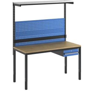 Komplett-Arbeitsplatz, höhenverstellbar, inkl. Einzelschublade, Lochwand, Kästenschiene, Etagenbord, Multiplex-Platte kaiserkraft