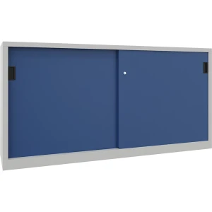 Pavoy Schiebetürenschrank, Höhe 1000 mm, Vollblechtüren, BxT 2000 x 400 mm, mit Trennwand und 2 x 2 Fachböden, Tür enzianblau
