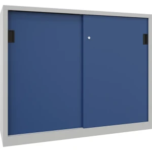 Pavoy Schiebetürenschrank, Höhe 1200 mm, Vollblechtüren, BxT 1500 x 400 mm, mit Trennwand und 2 x 2 Fachböden, Tür enzianblau