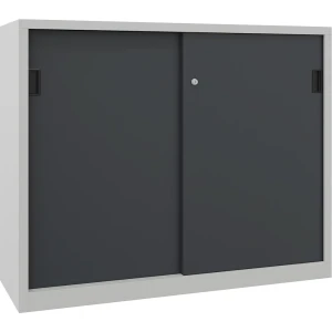 Pavoy Schiebetürenschrank, Höhe 1200 mm, Vollblechtüren, BxT 1500 x 500 mm, mit Trennwand und 2 x 2 Fachböden, Tür anthrazit
