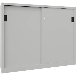Pavoy Schiebetürenschrank, Höhe 1200 mm, Vollblechtüren, BxT 1500 x 600 mm, mit Trennwand und 2 x 2 Fachböden, Tür lichtgrau