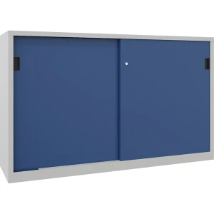 Pavoy Schiebetürenschrank, Höhe 1200 mm, Vollblechtüren, BxT 2000 x 500 mm, mit Trennwand und 2 x 2 Fachböden, Tür enzianblau