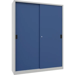 Pavoy Schiebetürenschrank, Höhe 1950 mm, Vollblechtüren, BxT 1500 x 400 mm, mit Trennwand und 2 x 4 Fachböden, Tür enzianblau