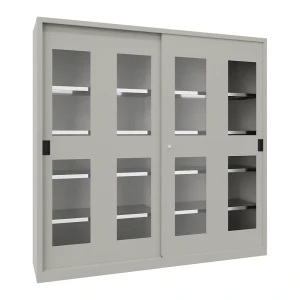 Pavoy Schiebetürenschrank, Höhe 1950 mm, Sichtfenstertüren, BxT 2000 x 400 mm, mit Trennwand und 2 x 4 Fachböden, Tür lichtgrau