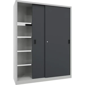 Pavoy Schwerlast-Schiebetürenschrank, Höhe 1950 mm, Vollblechtüren, BxT 1500 x 500 mm, mit Trennwand und 2 x 4 Fachböden, Tür anthrazit
