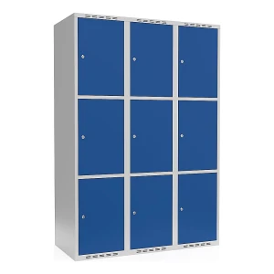 3er-Schließfachschrank Fydor, 3 Abteile, lichtgrau / enzianblau, B 1200 mm, flache Dachform, Zylinderschloss kaiserkraft