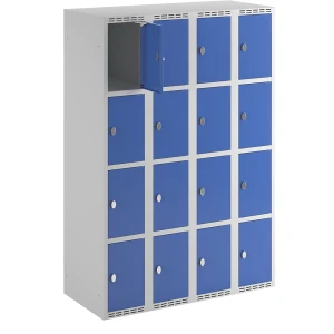 4er-Schließfachschrank Fydor, 4 Abteile, lichtgrau / enzianblau, B 1200 mm, flache Dachform, Vorhängeschloss kaiserkraft