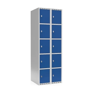 5er-Schließfachschrank Fydor, 2 Abteile, lichtgrau / enzianblau, B 600 mm, flache Dachform, Vorhängeschloss kaiserkraft