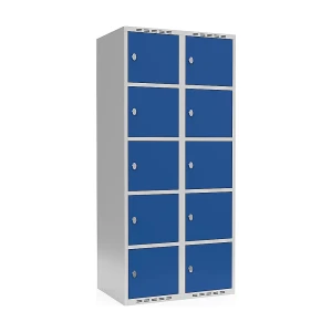 5er-Schließfachschrank Fydor, 2 Abteile, lichtgrau / enzianblau, B 800 mm, flache Dachform, Vorhängeschloss kaiserkraft