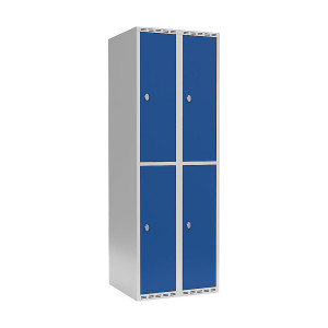 Doppelstock-Spind Fydor, 2 Abteile, lichtgrau / enzianblau, B 600 mm, flache Dachform, Vorhängeschloss kaiserkraft