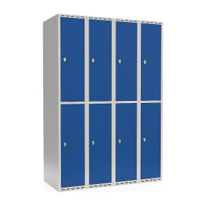 Doppelstock-Spind Fydor, 4 Abteile, lichtgrau / enzianblau, B 1200 mm, flache Dachform, Vorhängeschloss kaiserkraft