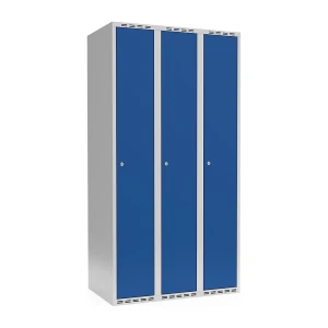 Spind Fydor, 3 Abteile, lichtgrau / enzianblau, B 900 mm, flache Dachform, Zylinderschloss kaiserkraft