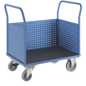 eurokraft pro Plattformwagen, mit 3 hohen Lochblechwänden, LxB 1050 x 700 mm, mit Zentralstopp, Vollelastik