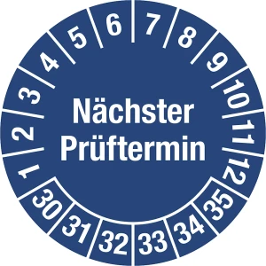 Nächster Prüftermin, Mehrjahreszahlen, Dokumentenfolie, Ø 30 mm, VE 10 Stk, 30 - 35, blau kaiserkraft