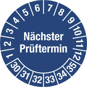 Nächster Prüftermin, Mehrjahreszahlen, Dokumentenfolie für ölhaltige Untergründe, Ø 30 mm, VE 10 Stk, 30 - 35, blau kaiserkraft