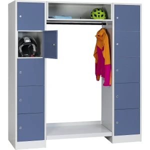 Wolf Schließfach-Garderobensystem Dresden, 2 Abteile, 1 Garderobe, B 1670 mm, lichtgrau / taubenblau