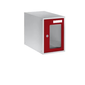 eurokraft basic Schließfachwürfel, HxBxT 350 x 250 x 450 mm, Sichtfenstertür, lichtgrau / feuerrot