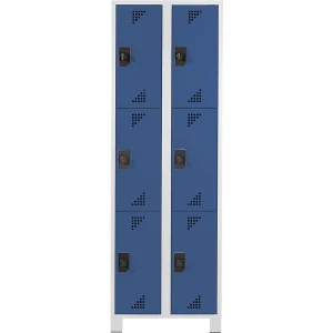 eurokraft pro 3er-Schließfachschrank Bremen, 2 Abteile, lichtgrau / brillantblau, Breite 600 mm, 6 Fächer