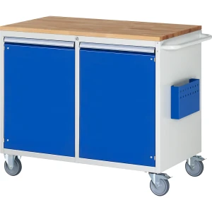 Kompaktwerkbänke, fahrbar, 2 Türen, Holzarbeitsfläche, lichtgrau / enzianblau